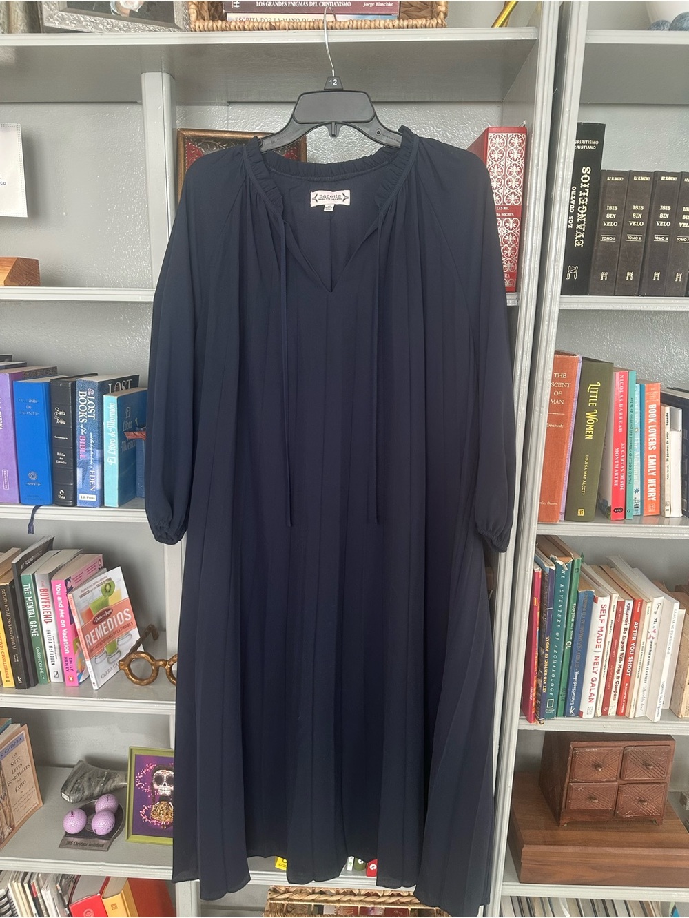 Nanette Lepore Navy Blue Long Sleeve Pleated Midi Dress